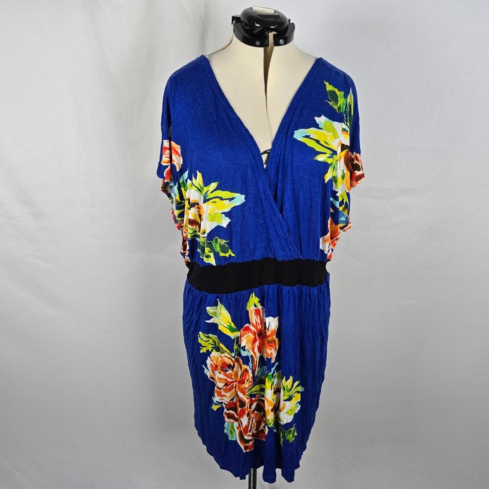 One Clothing Dress Women's 3X Blue Floral Midi Cap Sleeve Wrap V-Neck Fit Flare